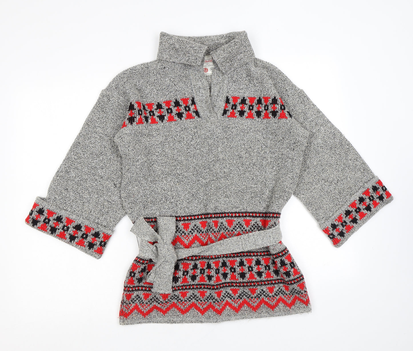 Marks and Spencer Womens Grey V-Neck Geometric Acrylic Pullover Jumper Size 12 - Belted