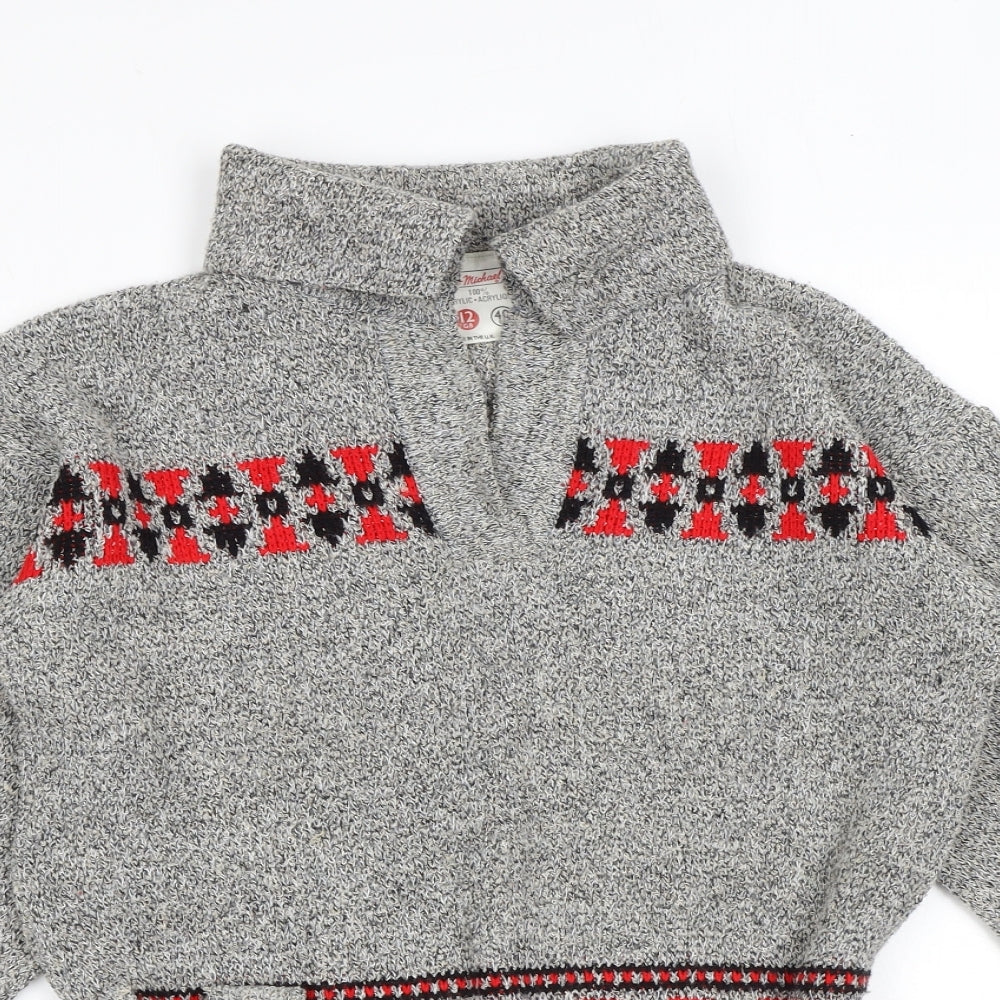 Marks and Spencer Womens Grey V-Neck Geometric Acrylic Pullover Jumper Size 12 - Belted