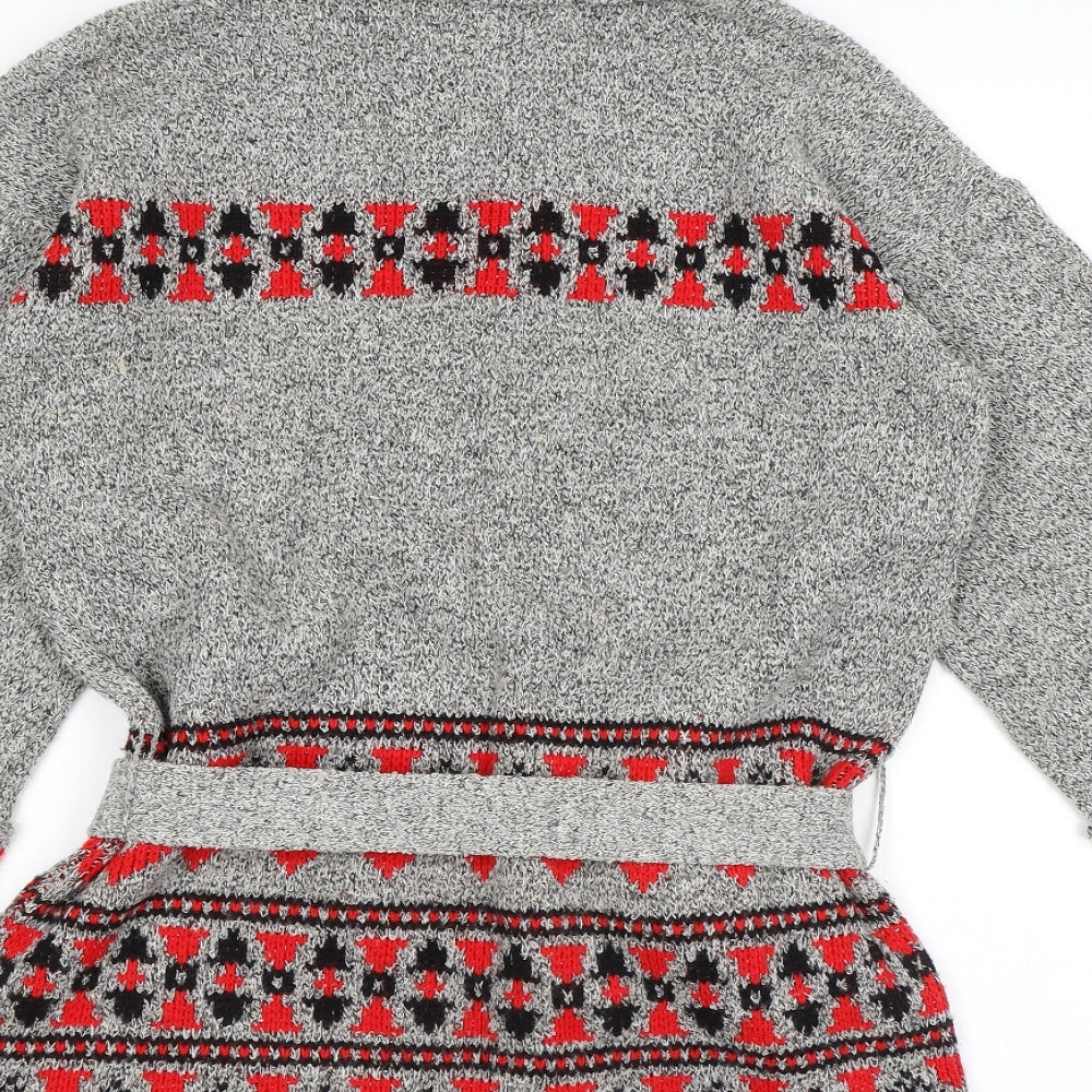 Marks and Spencer Womens Grey V-Neck Geometric Acrylic Pullover Jumper Size 12 - Belted