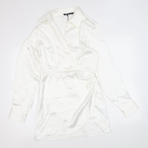 Zara Womens White Polyester A-Line Size S Collared Zip