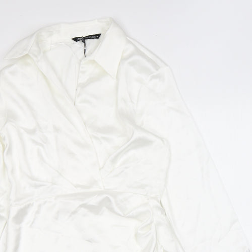 Zara Womens White Polyester A-Line Size S Collared Zip