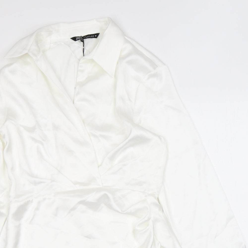 Zara Womens White Polyester A-Line Size S Collared Zip