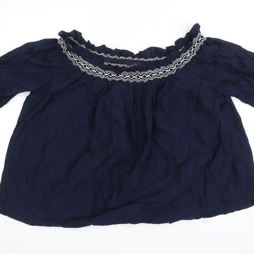 Marks and Spencer Womens Blue Cotton Basic Blouse Size 14 Off the Shoulder - Embroidered Detail