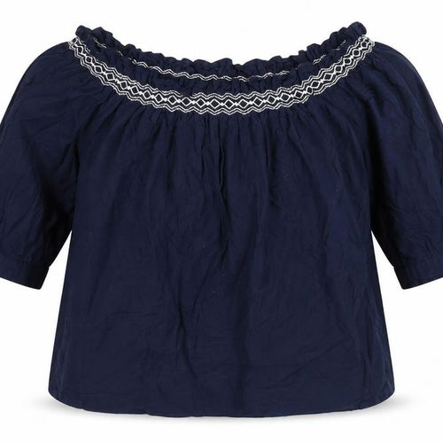 Marks and Spencer Womens Blue Cotton Basic Blouse Size 14 Off the Shoulder - Embroidered Detail