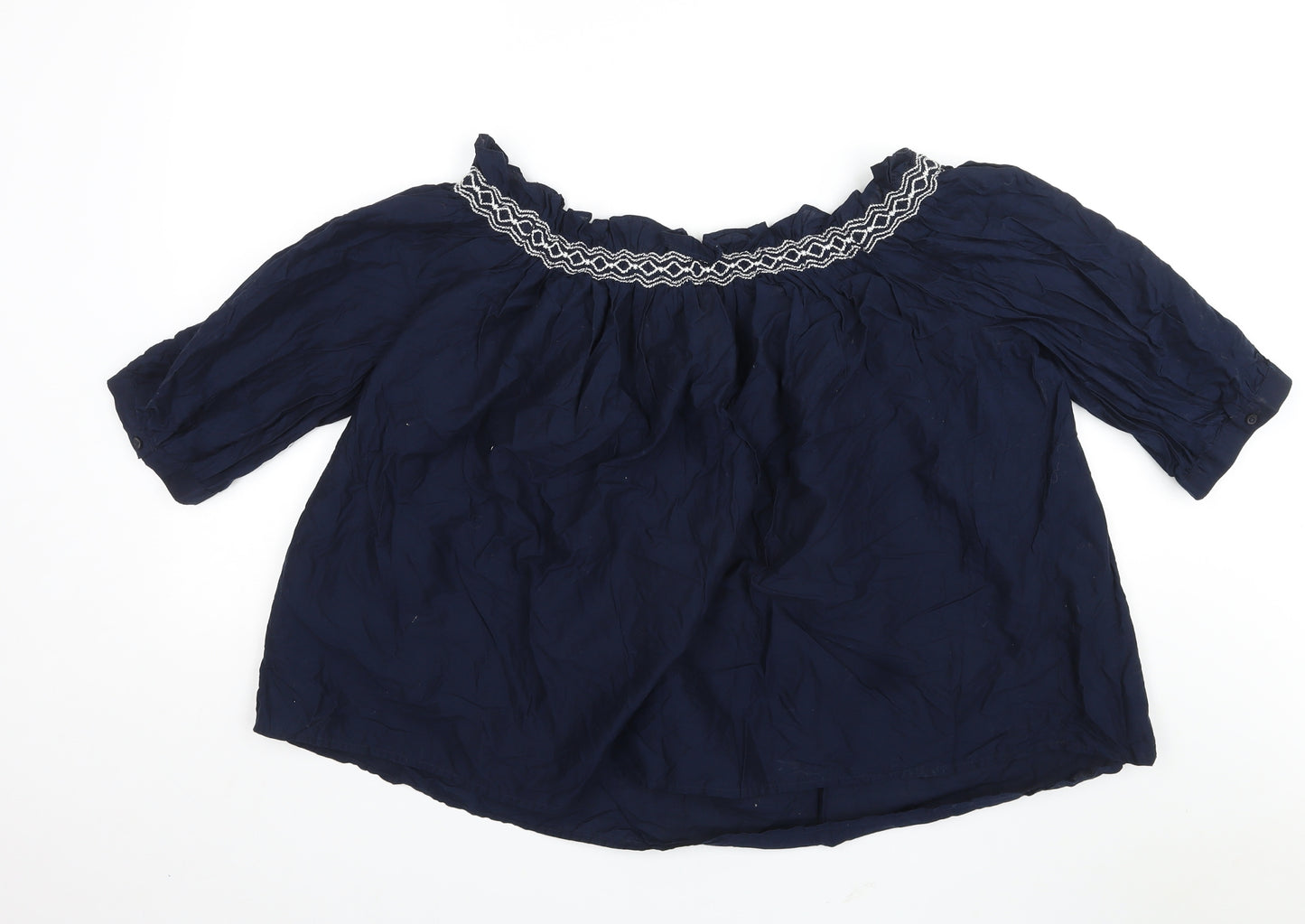 Marks and Spencer Womens Blue Cotton Basic Blouse Size 14 Off the Shoulder - Embroidered Detail