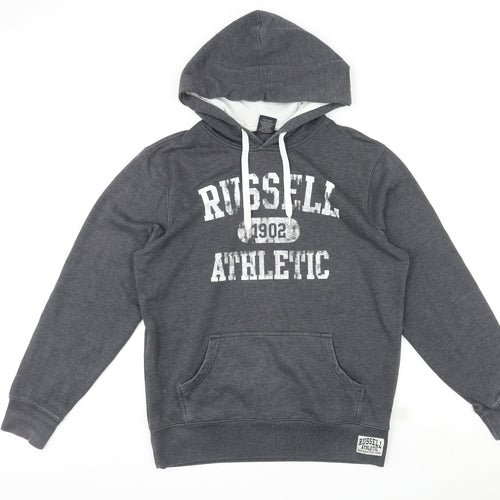 Russell Athletic Mens Grey Polyester Pullover Hoodie Size M - Logo, Pocket, Drawstring