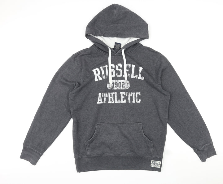 Russell Athletic Mens Grey Polyester Pullover Hoodie Size M - Logo, Pocket, Drawstring