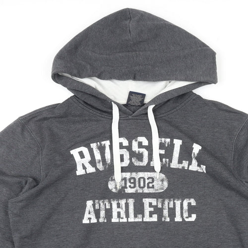 Russell Athletic Mens Grey Polyester Pullover Hoodie Size M - Logo, Pocket, Drawstring