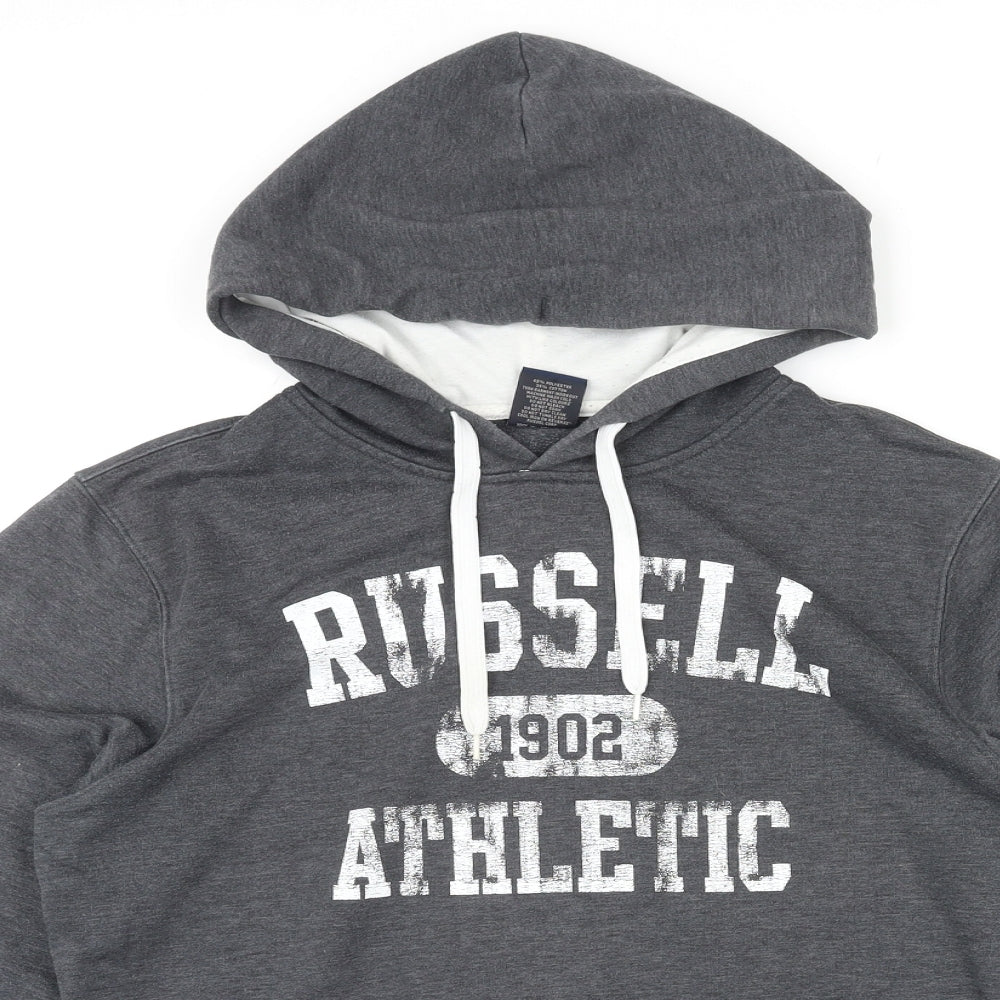 Russell Athletic Mens Grey Polyester Pullover Hoodie Size M - Logo, Pocket, Drawstring