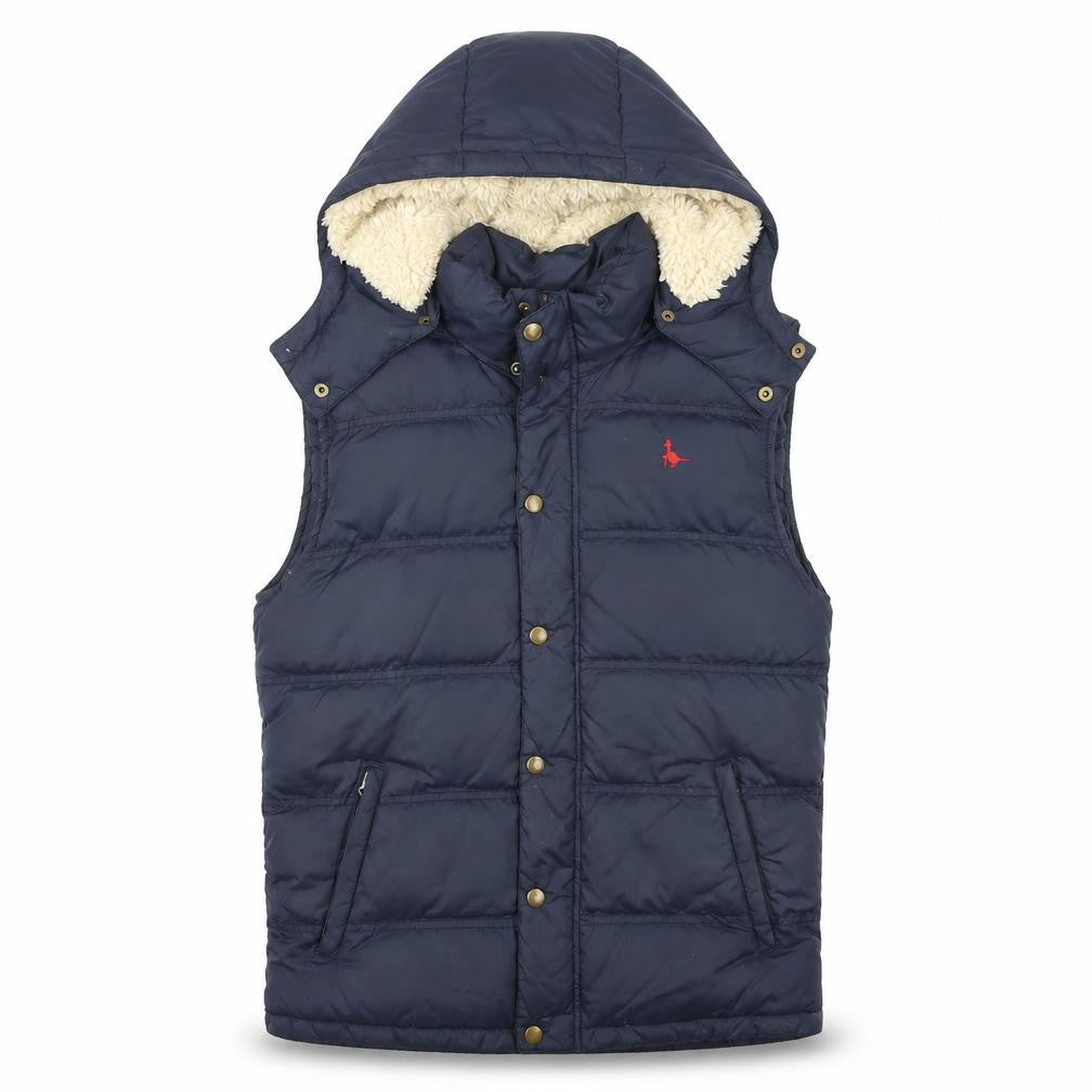 Front view of Jack Wills men’s blue gilet coat, size S, zip