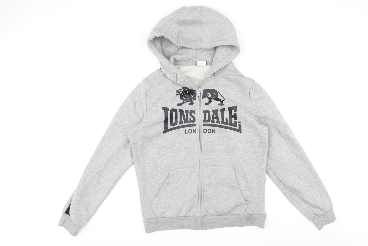 Lonsdale Mens Grey Polyester Full Zip Hoodie Size M - Logo, Pocket, Drawstring