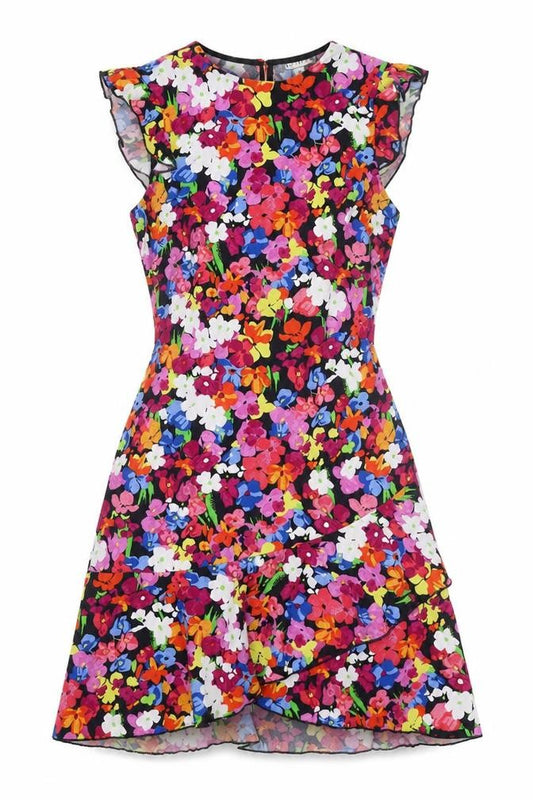 Front view of Warehouse women’s multicoloured floral polyester a-line, size UK 8, crew neck zip