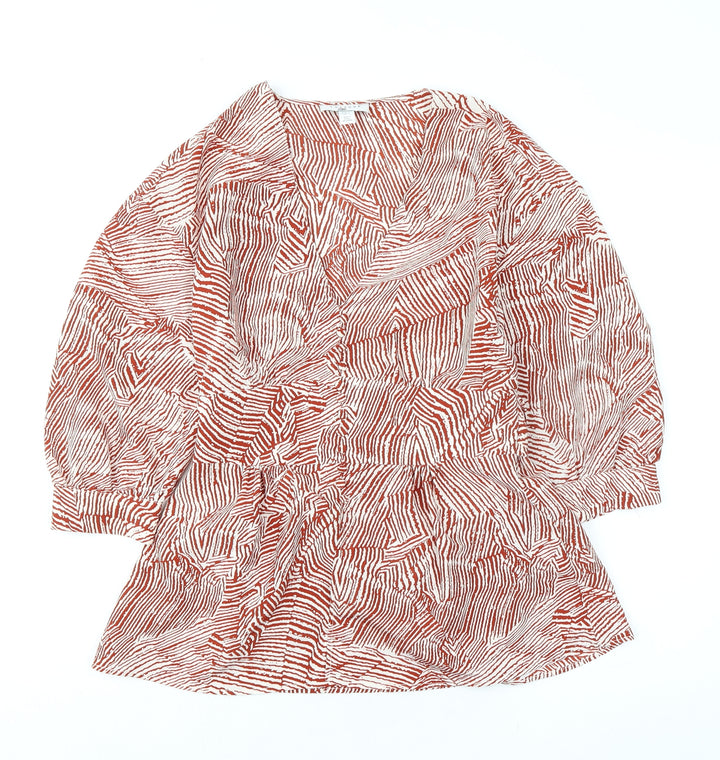 Topshop Womens Orange Geometric Polyester Basic Blouse Size 8 V-Neck - Tie Back Detail