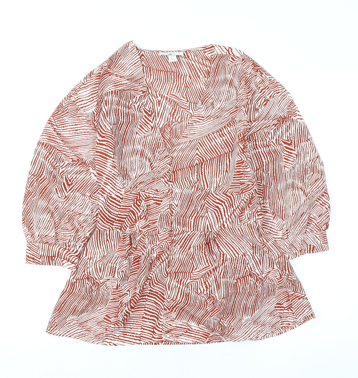 Topshop Womens Orange Geometric Polyester Basic Blouse Size 8 V-Neck - Tie Back Detail