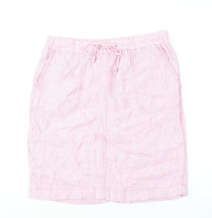 Marks and Spencer Womens Pink Striped Flax A-Line Skirt Size 12 Tie