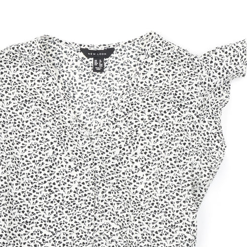 New Look Womens Ivory Floral Polyester Basic T-Shirt Size 12 V-Neck - Ruffle Detail