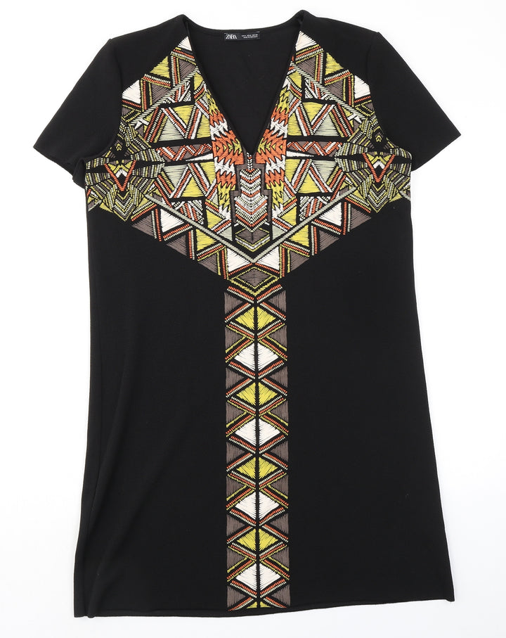 Zara Womens Black Geometric Polyester Kaftan Size S V-Neck Pullover
