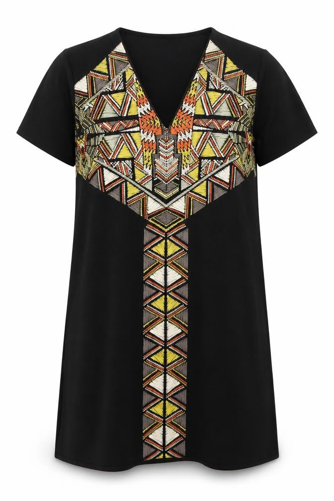 Front view of Zara women’s black geometric polyester kaftan, size S, v-neck pullover