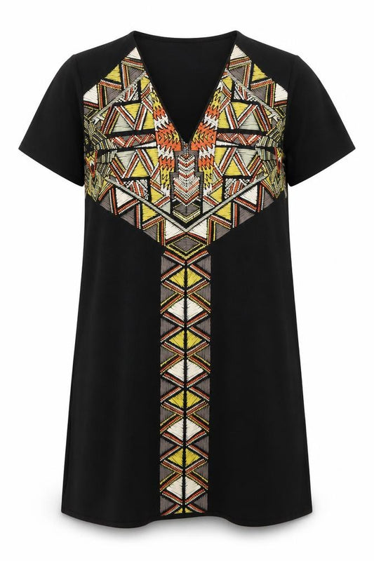 Front view of Zara women’s black geometric polyester kaftan, size S, v-neck pullover