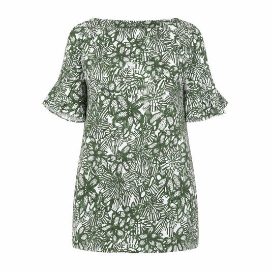 Front view of H&M women’s green floral polyester a-line, size UK 10, off the shoulder pullover