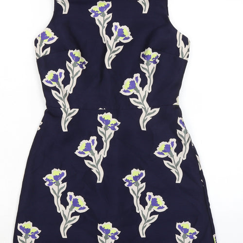 Warehouse Womens Blue Floral Polycarbamide Pencil Dress Size 8 Crew Neck Zip