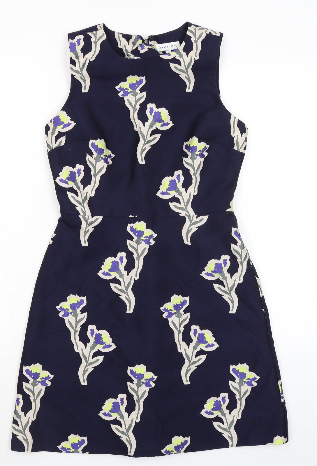Warehouse Womens Blue Floral Polycarbamide Pencil Dress Size 8 Crew Neck Zip