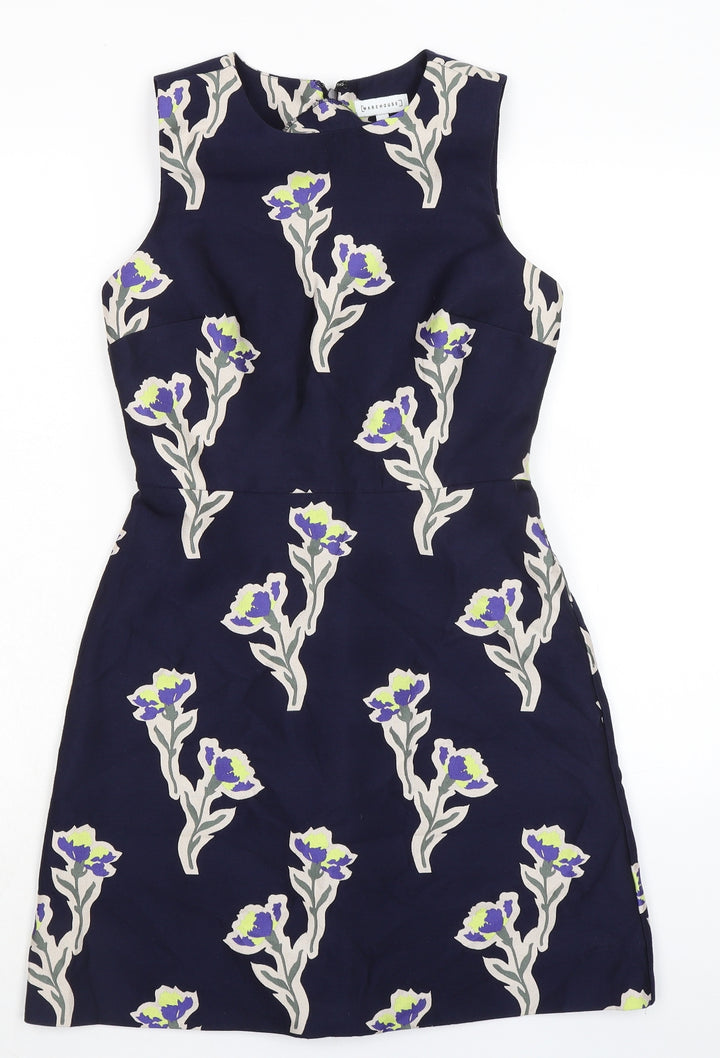 Warehouse Womens Blue Floral Polycarbamide Pencil Dress Size 8 Crew Neck Zip
