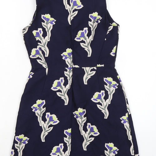 Warehouse Womens Blue Floral Polycarbamide Pencil Dress Size 8 Crew Neck Zip