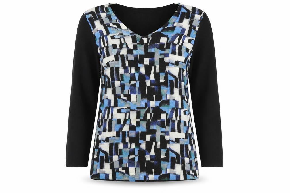 Front view of Paraphrase women’s multicoloured v-neck geometric wool jumper, size UK 12