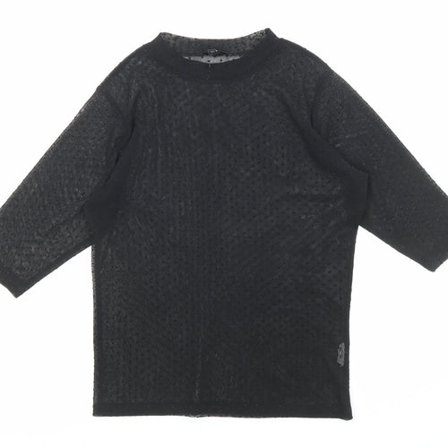 River Island Womens Black Polka Dot Polyester Basic T-Shirt Size 8 Mock Neck - Sheer