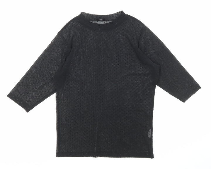 River Island Womens Black Polka Dot Polyester Basic T-Shirt Size 8 Mock Neck - Sheer