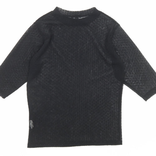 River Island Womens Black Polka Dot Polyester Basic T-Shirt Size 8 Mock Neck - Sheer