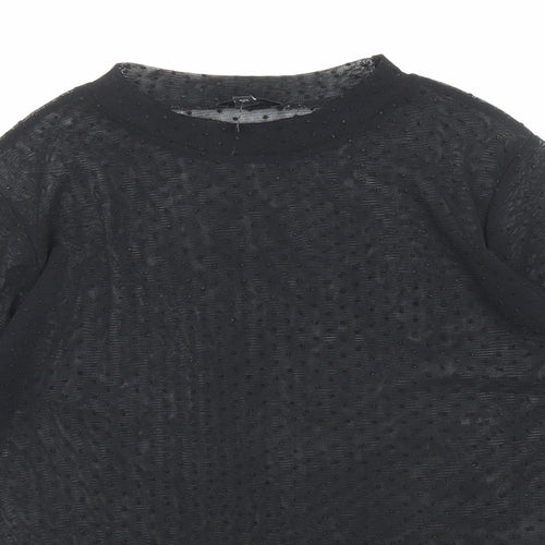 River Island Womens Black Polka Dot Polyester Basic T-Shirt Size 8 Mock Neck - Sheer