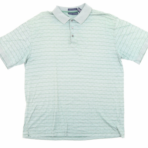 Grant Thomas Mens Green Striped Cotton Polo Size M Collared Button