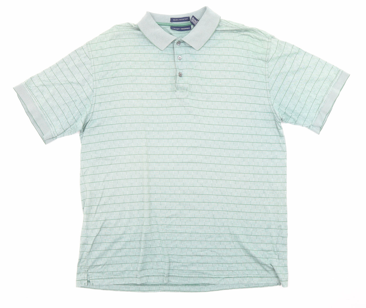 Grant Thomas Mens Green Striped Cotton Polo Size M Collared Button