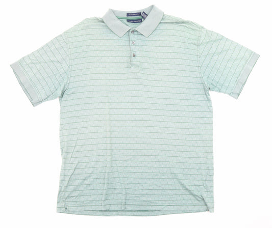 Grant Thomas Mens Green Striped Cotton Polo Size M Collared Button