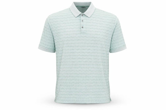 Front view of Grant Thomas men’s green striped cotton polo, size M, collared button