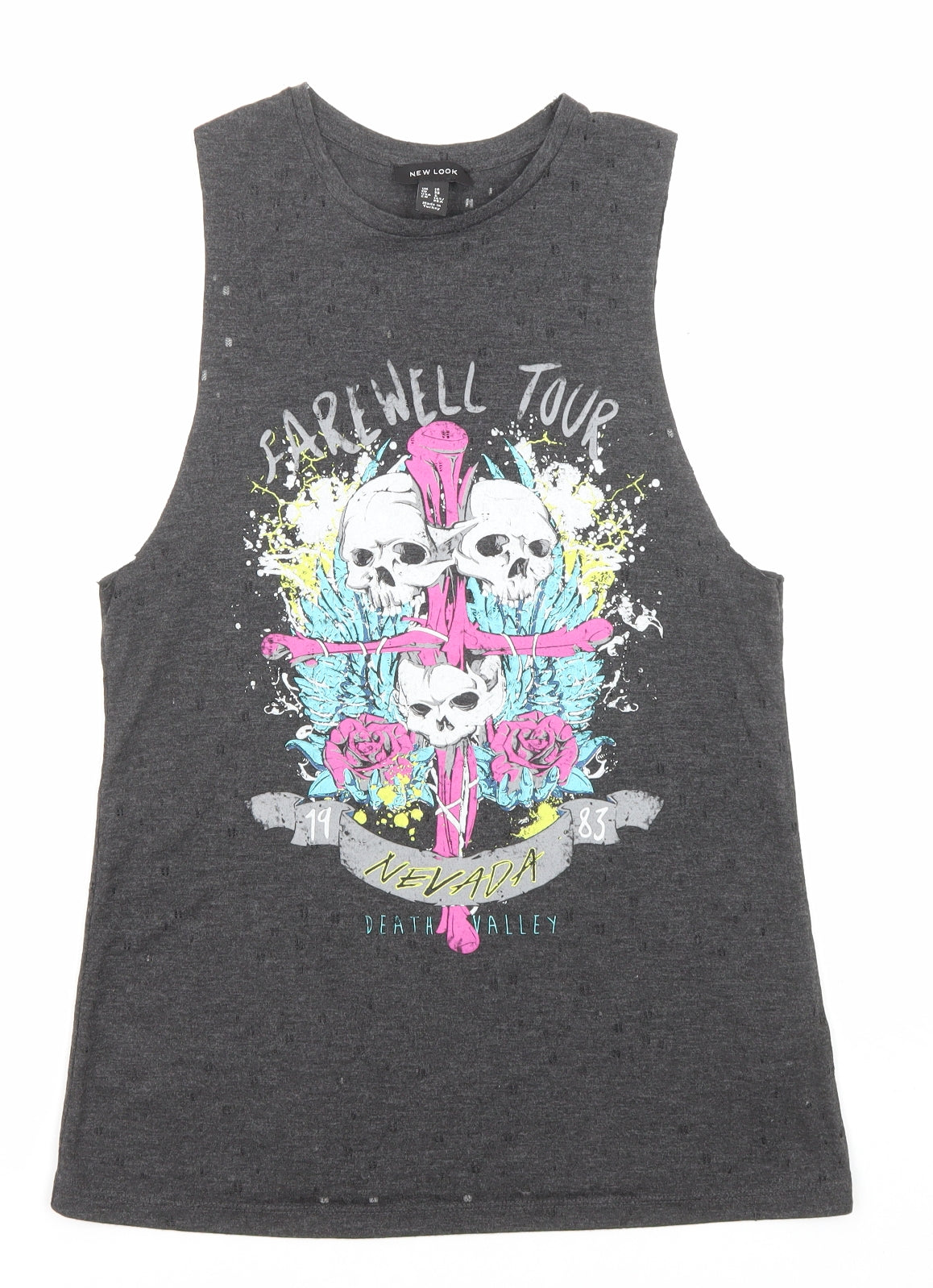 New Look Womens Grey Polyester Basic T-Shirt Size 10 Round Neck - 1984, Skulls