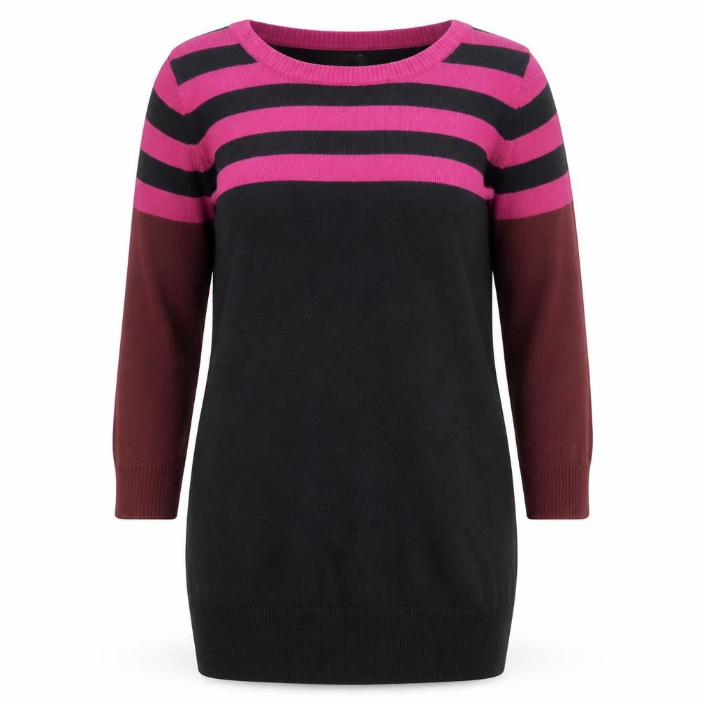 Front view of Next women’s multicoloured round neck cotton jumper, size UK 10, - colour block stripe
