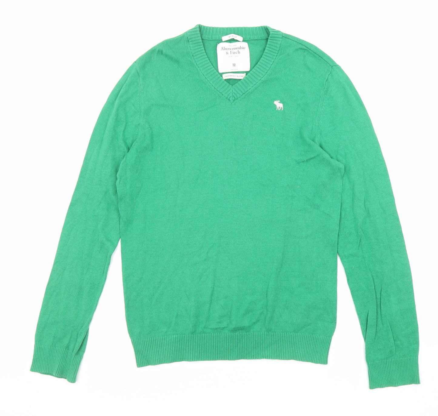 Abercrombie & Fitch Mens Green V-Neck Cotton Pullover Jumper Size M Long Sleeve