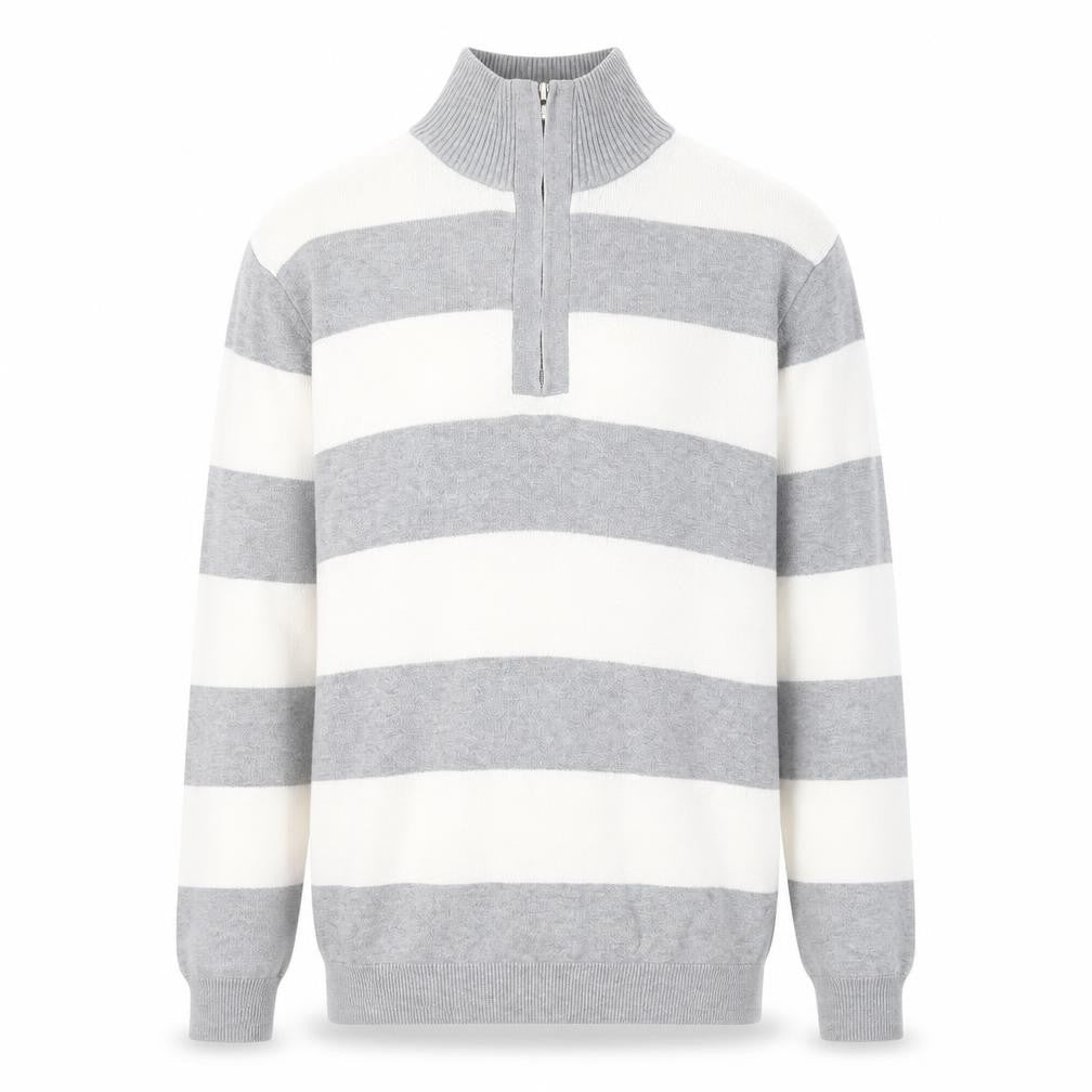 Front view of BHS men’s grey high neck striped cotton jumper, size S, long sleeve