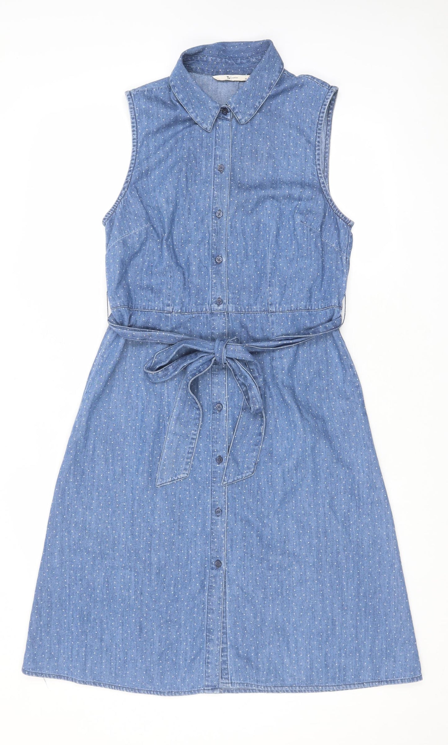 TU Womens Blue Cotton Shirt Dress Size 10 Collared Button