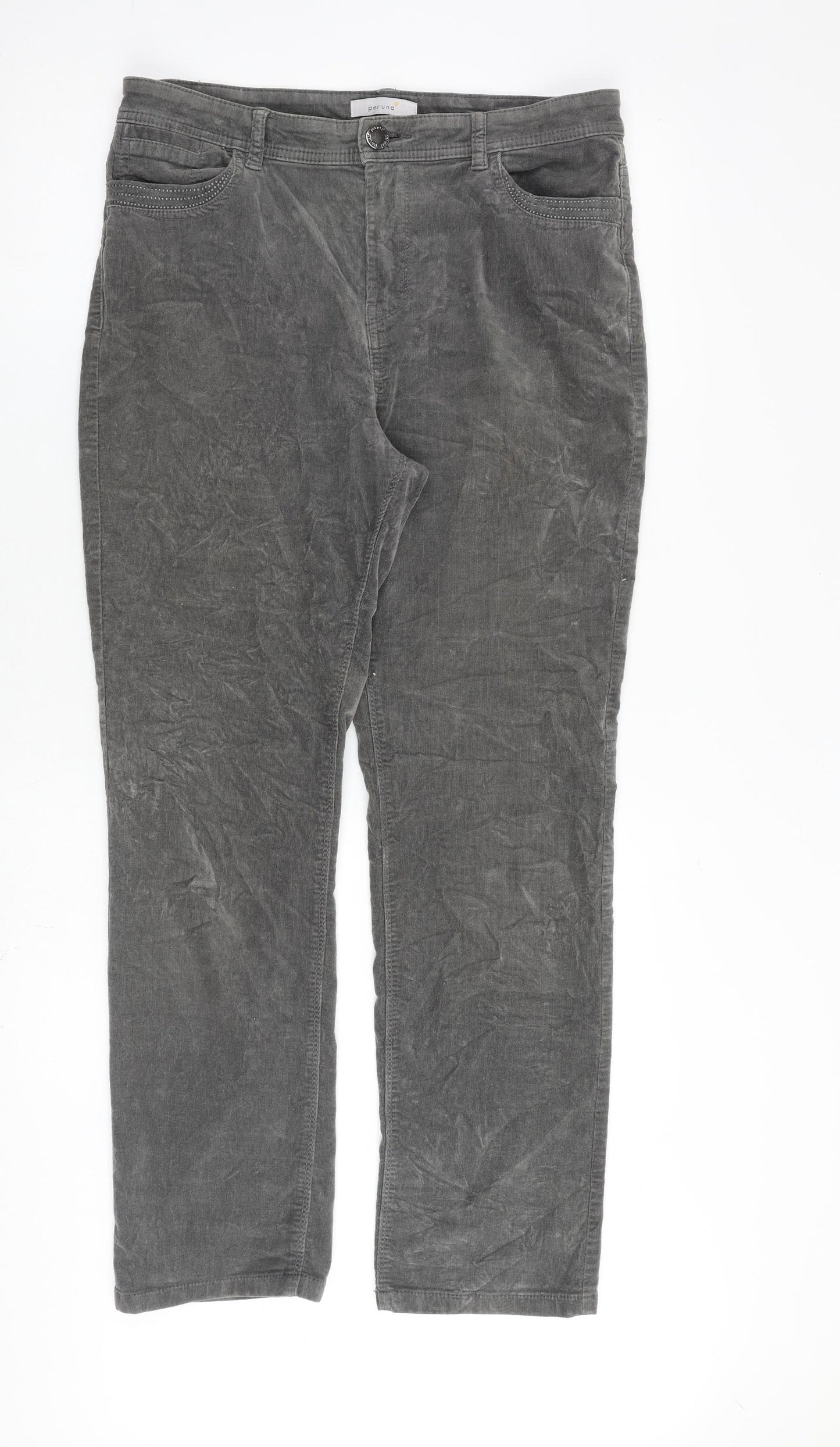 Per Una Womens Grey Cotton Trousers Size 14 L30 in Regular Zip