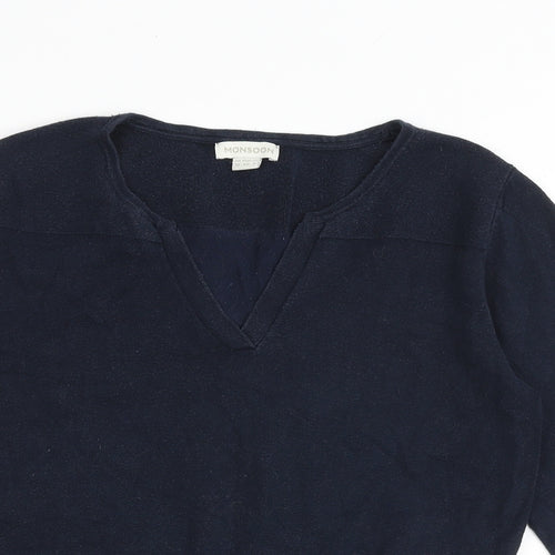Monsoon Womens Blue V-Neck Cotton Pullover Jumper Size 12