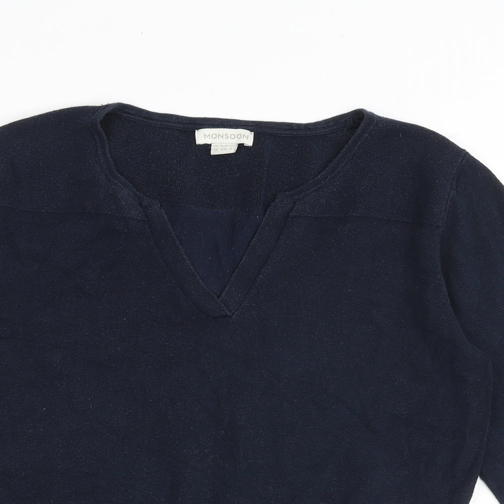 Monsoon Womens Blue V-Neck Cotton Pullover Jumper Size 12