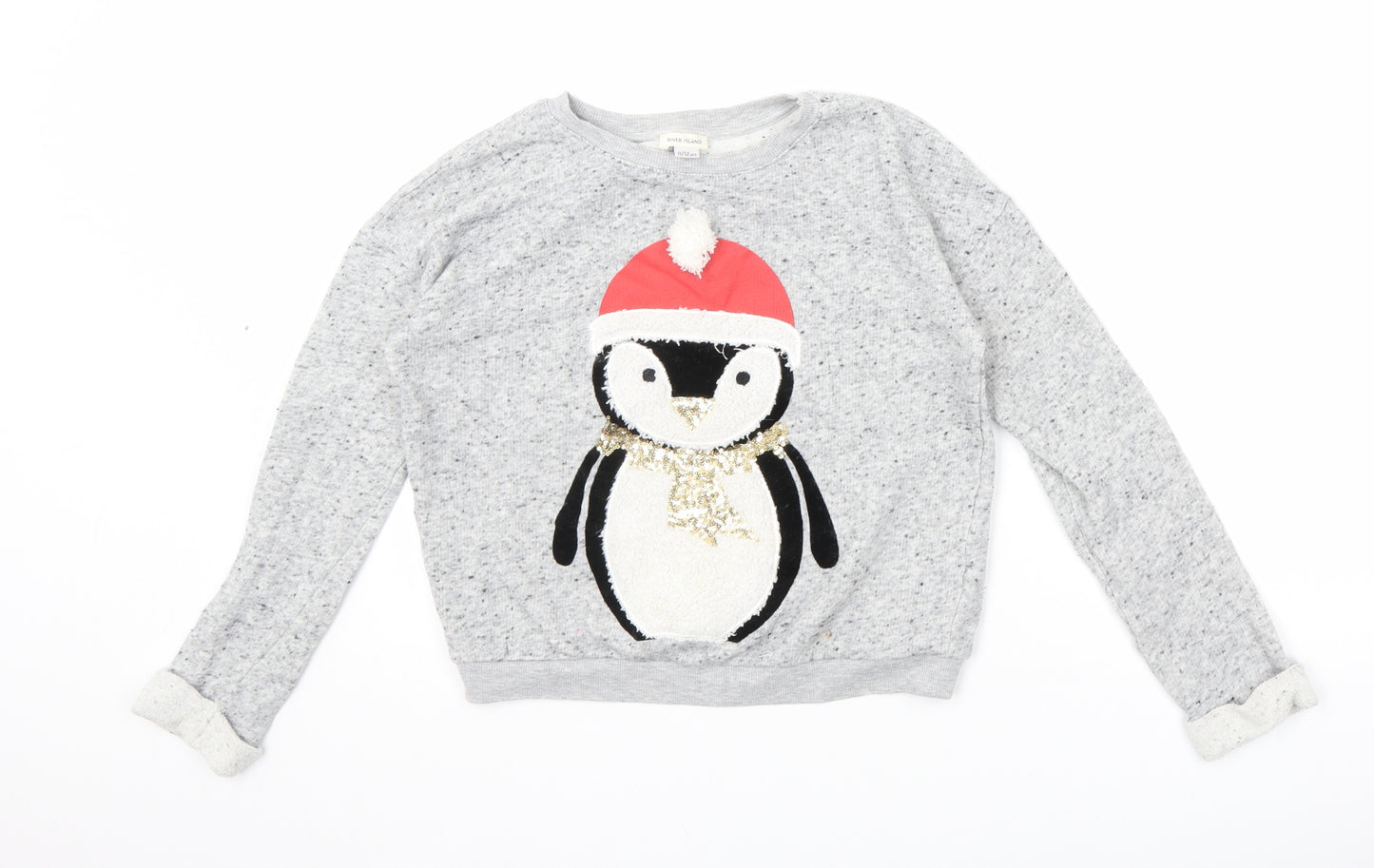 River Island Girls Grey Cotton Pullover Sweatshirt Size 11-12 Years Pullover - Christmas, Penguin