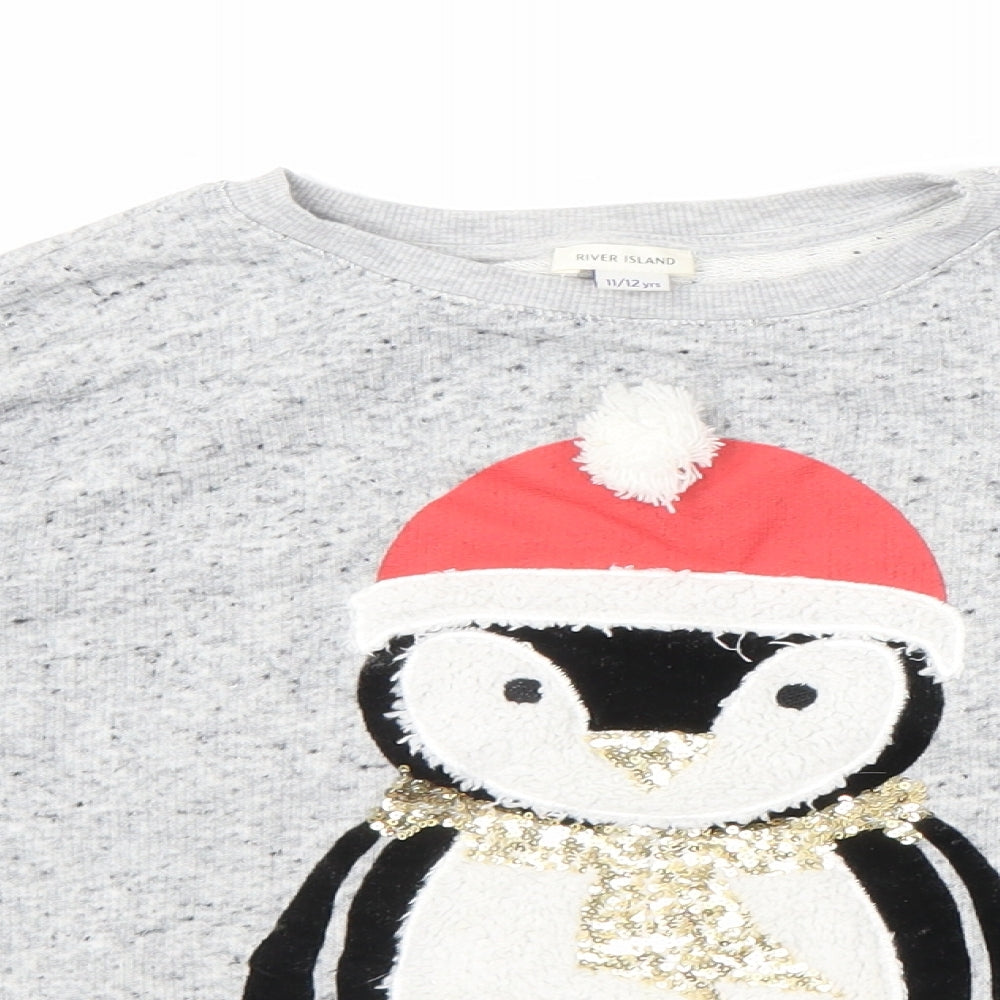 River Island Girls Grey Cotton Pullover Sweatshirt Size 11-12 Years Pullover - Christmas, Penguin