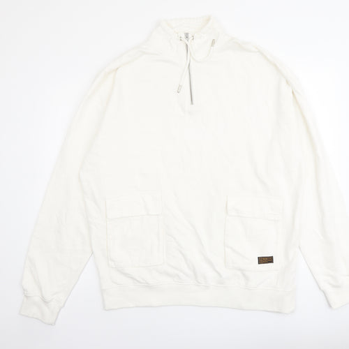Topman Mens Ivory Cotton Pullover Sweatshirt Size M - Pockets 1/4 Zip Drawstring