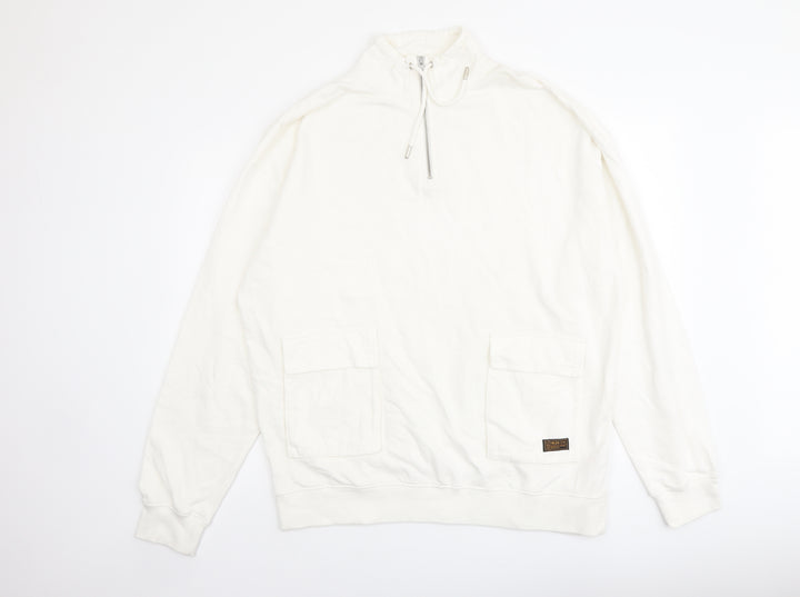 Topman Mens Ivory Cotton Pullover Sweatshirt Size M - Pockets 1/4 Zip Drawstring