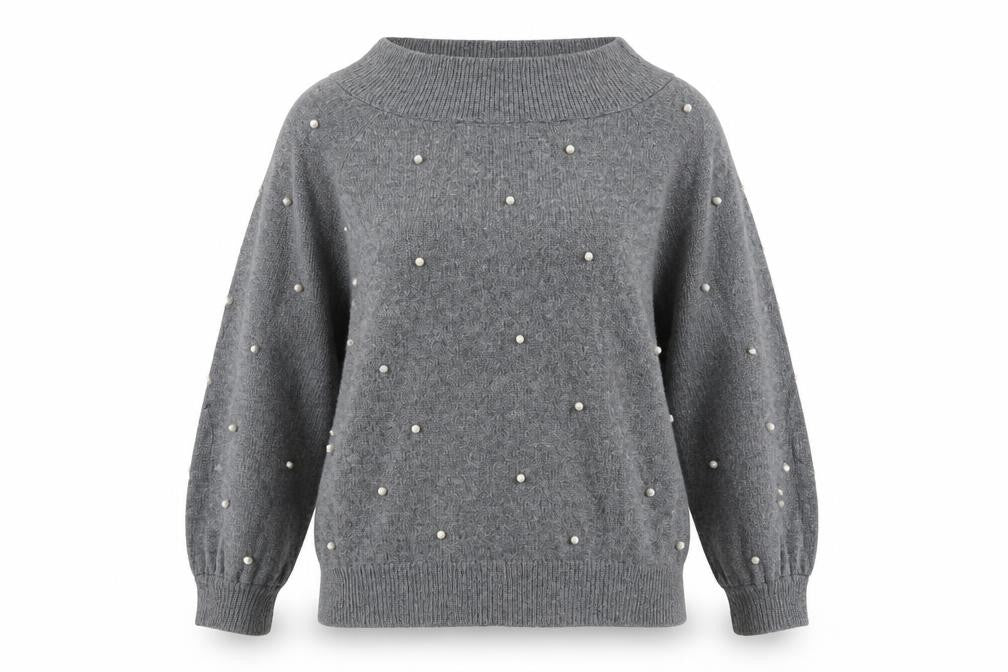 Front view of Next women’s grey boat neck acrylic jumper, size UK 14, - beaded